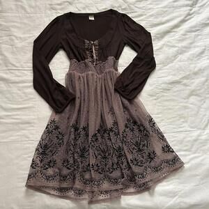 Axes Femme chocolate Brown lace up detail long sleeve dress pink mesh overlay